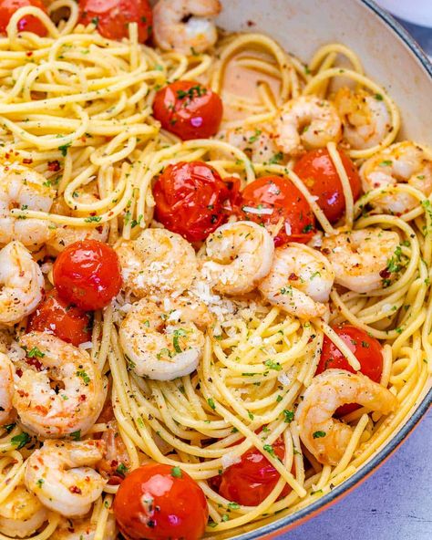 side shot of pasta with cherry tomatoes and shrimp Shrimp And Burst Cherry Tomato Pasta, Chicken Shrimp Tomato Pasta, Shrimp Pasta With Grape Tomatoes, Garlic Tomato Shrimp Pasta, Shrimp Scampi Tomatoes, Shrimp Cherry Tomatoes, Shrimp And Tomatoes Pasta, Shrimp Recipes With Tomatoes, Shrimp Cherry Tomato Recipes