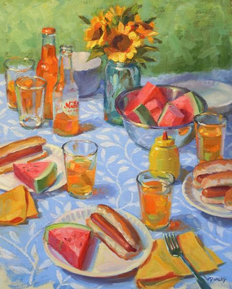 Painting Picnic Ideas, Everyday Life Painting, Picnic Painting Ideas On Canvas, Picnic Painting Aesthetic, Food Painting Acrylic, Sara Qualey, Canvas Painting Picnic, Everyday Life Art, Picnic Still Life