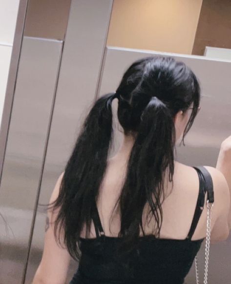 Black Hair Pigtails Aesthetic, Low Pigtail Bun Hairstyles, Black Pigtails Aesthetic, Elegant Pigtails, Low Pigtails Curly Hair, Gothic Pigtails, Low Pigtails Aesthetic, Crimped Pigtails, Grunge Pigtails