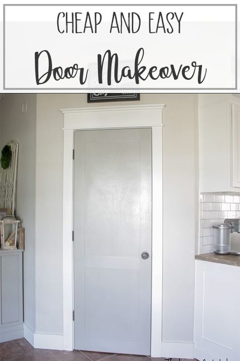 Cheap and easy way to update your hollow core doors and turn them into fancy upgraded doors! Use this DIY budget door makeover tutorial to save money and get doors that you love in your home! The doors instantly turn craftsman or farmhouse in style and go with pretty much all home style! via @theinspiredworkshop Door Stickers Ideas, Plain Door Makeover, Hallway Door, Hollow Core Doors, School Doors, Diy Budget, Grey Doors, Door Upgrade, Door Makeover