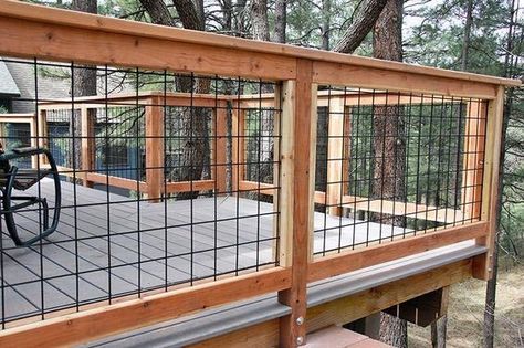 Deck Railing Backyard Design Metal Mesh And Wood Wire Deck Railing, Metal Deck Railing, Deck Railing Ideas, Redwood Decking, Simple Deck, Deck Railing Design, Metal Deck, Railing Ideas, Building A Porch