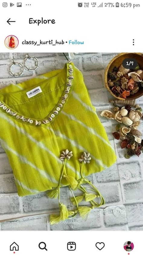 Embroidery Work Kurti Design, Lahariya Suit Design, Laheriya Design Kurti, Gamthi Kurti Designs, Leriya Kurti Design, Hand Work On Kurti, Latkan For Kurti Back, Navratri Kurti, Mirror Work Blouse Design