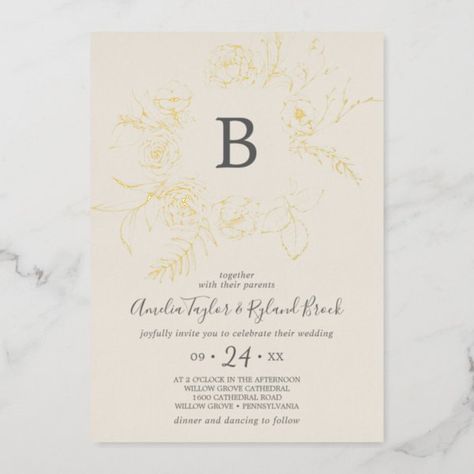 Gilded Floral | Gold Foil Cream Monogram Wedding Foil Invitation Modern Boho Design, Leaves Vintage, Wedding Invitation Background, Wedding Whimsical, Gold Foil Wedding Invitations, Wedding Messages, Honeymoon Fund, Modern Monogram, Invitation Calligraphy