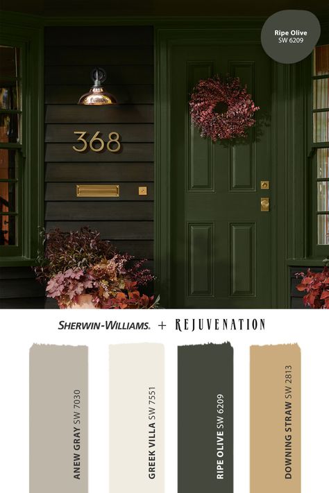 Add instant curb appeal with a front door painted in Ripe Olive SW 6209 from Sherwin-Williams and hardware from Rejuvenation. Tap this pin to order free color chips from the @rejuvenationhome 2024 palette.   #SherwinWilliams #Rejuvenation #RejuvinationPartner #Hardware #CurbAppeal #DIY #Paint #Inspiration #Color Green Black Front Door, Sherwin Williams Urban Bronze Front Door, Sherwin Williams Ripe Olive Paint, Rock Wood Shutter Green Sherwin Williams, Black House Green Door, Sw Rookwood Dark Green Exterior, Sw Ripe Olive Coordinating Colors, Ripe Olive Sherwin Williams Exterior, Sherwin Williams Green Onyx Exterior Paint