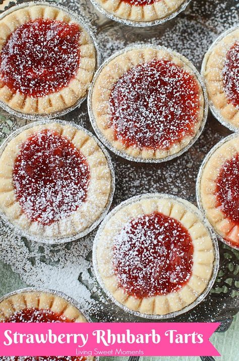 Cute Mini Strawberry Rhubarb Tarts - Living Sweet Moments Strawberry Rhubarb Tarts, Rhubarb Tarts, Jello Cake Recipes, Mini Tart Shells, Rhubarb Tart, Moist Vanilla Cake, Macaroon Cookies, Rhubarb Desserts, Strawberry Compote