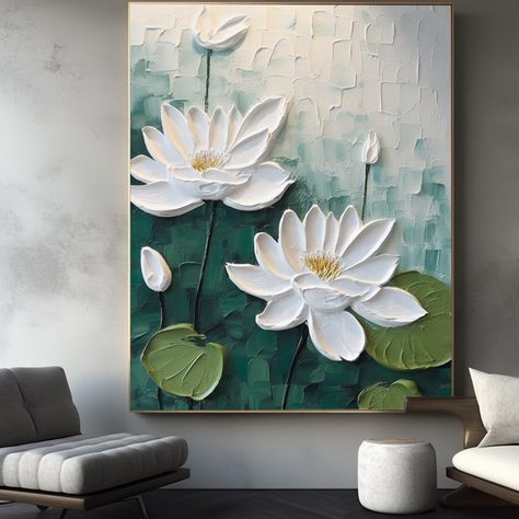 Lotus Texture Painting, Lotus Wall Painting, Paint Knife Art, Texture Projects, Lotus Landscape, Landscape Wall Painting, Plant Landscape, Bedroom Wall Decoration, Lotus Painting