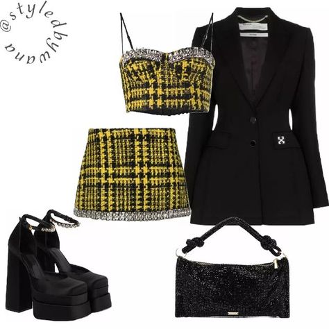 Clueless Fashion Inspiration, Dionne Clueless Inspired Outfits, Elite Inspired Outfits, Yellow Tweed Skirt Outfit, Tweed Skirt Outfit Aesthetic, Clueless Yellow Outfit, Tweed Skirt Set, Outfit Yellow, Fashion Preppy