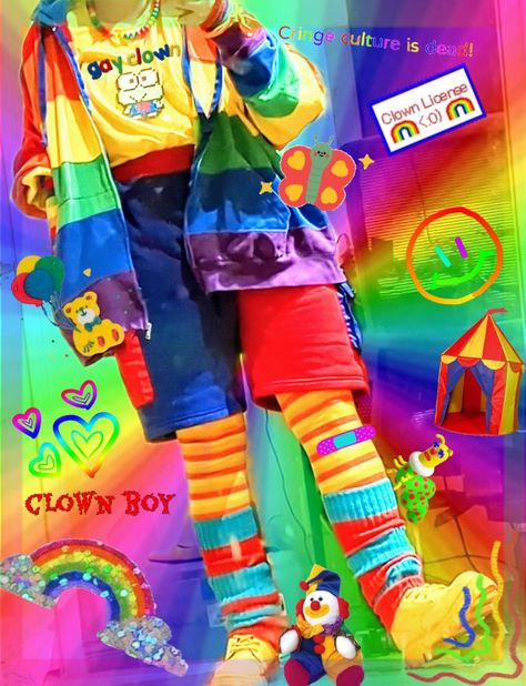 clowncore, rainbow, clothes Vintage Kidcore Outfits, Neon Core Outfit, Sillycore Outfit, Masc Clowncore Outfits, Backrooms Outfit, Colorful Clown Outfit, Werid Core Style, Clowncore Outfit Ideas, Neoncore Outfits