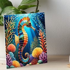 Professionally printed on firm, textured mat boards perfect for desks and shelves. Supplied with 3M velcro dots to easily affix to walls. Available in standard sizes. I couldn't resist creating one more seahorse! I'm really pleased with how this one came out. I think it would make a terrific poster or coaster! Sea Creatures Painting, Mosaic Art Patterns, Mosaic Sea Life, Ocean Creatures Art, Seahorse Painting, Ocean Art Painting, Sea Creatures Art, Nautical Quilt, Sea Artwork