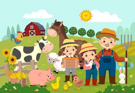 Farm Cartoon, Farmer Girl, Farm Animal Coloring Pages, Happy Farm, Kids Vector, Happy Cartoon, Farm Design, Simple Cartoon, Kids' Book