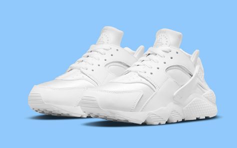 Available Now // Nike Air Huarache "Triple White" Huarache Run, White Running Shoes, Casual Running Shoes, New Nike Air, Air Huarache, Nike Air Huarache, Nike Huarache, Adidas Tubular Defiant, White Nikes