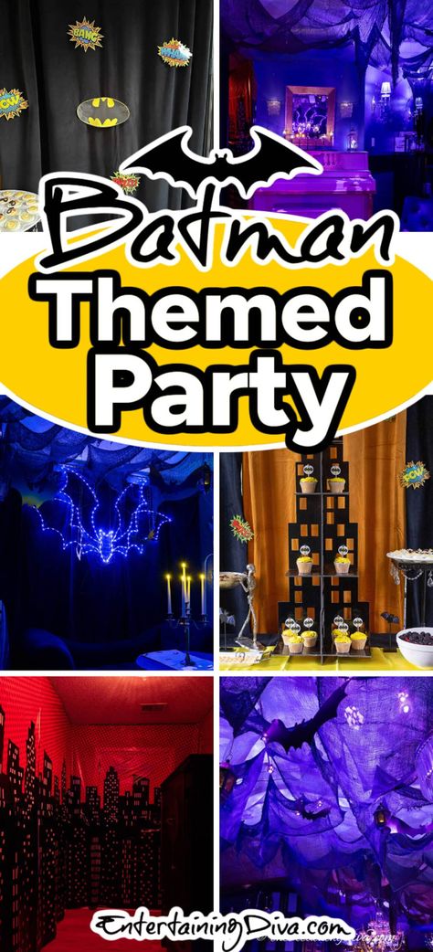 Batman Themed Party | Parties Diy Bat Cave, Adult Batman Party, Batman Backdrop, Adult Superhero Party, Batman Party Ideas, Batman Birthday Party Ideas, Halloween Scene Setters, Batman Party Decorations, Asylum Halloween