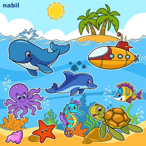 Under The Sea Cartoon, Under The Sea Drawings, Under The Sea Pictures, Sea Cartoon, Underwater Drawing, Sea Creatures Drawing, Underwater Cartoon, Baby Animal Nursery Art, Cartoon Sea Animals