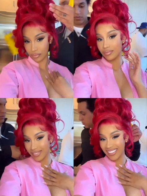 Cardi B Wig Hairstyles, Cardi B Updo Hairstyle, Red Updo Hairstyles For Black Women, Vday Hair Styles, Occasional Hairstyles, Valentine’s Day Hairstyles Black Women, Red Hair Updo, Cardi B Hairstyles, Hair Installation