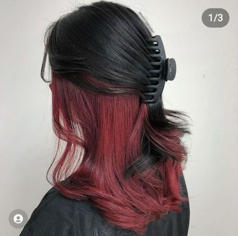 Red Hair Underneath, Red And Black Hair Ideas, Halo Hair Colors, Red Hair Streaks, Black Hair Ideas, Hair Dyed Underneath, Cherry Red Hair, Black Red Hair, Hair Color Underneath