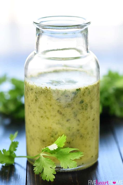 Cilantro Lime Vinaigrette ~ a zesty homemade Mexican dressing perfect for marinades and salads, featuring lime juice, fresh cilantro, and a touch of honey! | FiveHeartHome.com Mexican Salad Dressing, Mexican Dressing, Vinegrette Recipe, Mexican Salad Dressings, Lime Salad Dressing, Cilantro Lime Vinaigrette, Cilantro Salad, Vinaigrette Dressing Recipe, Mexican Salad