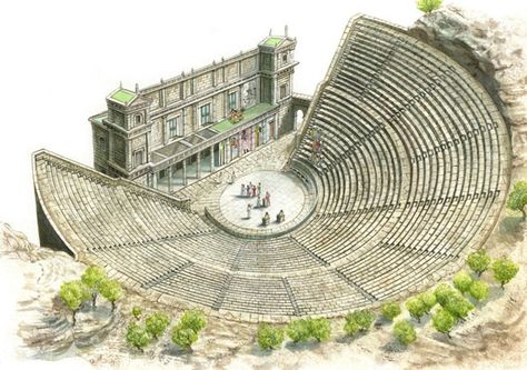 Greek ampitheatre Wine Bottle Drawing, Theatre Drawing, Ancient Greece Aesthetic, Scenic Design Theatres, Ancient Greek Theatre, Greece Architecture, Interior Design History, Theater Architecture, Ancient Greek Architecture