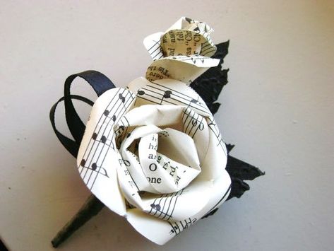 sheet music hymnal paper rose wedding men's by HBixbyArtworks Bridal Boutonnieres, Sheet Music Ornaments, Mens Boutonniere, Sheet Music Crafts, Wine Cork Wreath, Music Flower, Music Ornaments, Christmas Sheet Music, Recycled Book