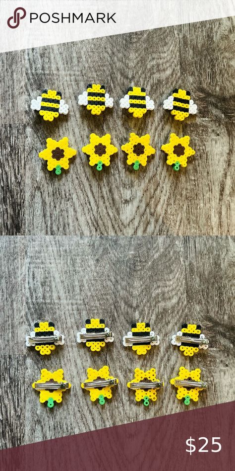 Bumble bee sunflower handmade hair clips barrette perler beads Bee Hama Beads, Perler Bead Bee Pattern, Perler Sunflower, Yellow Perler Bead Patterns, Perler Beads Bee, Sunflower Perler Bead Patterns, Bee Perler Beads, Bee Perler Bead Pattern, Mini Perler Beads Ideas