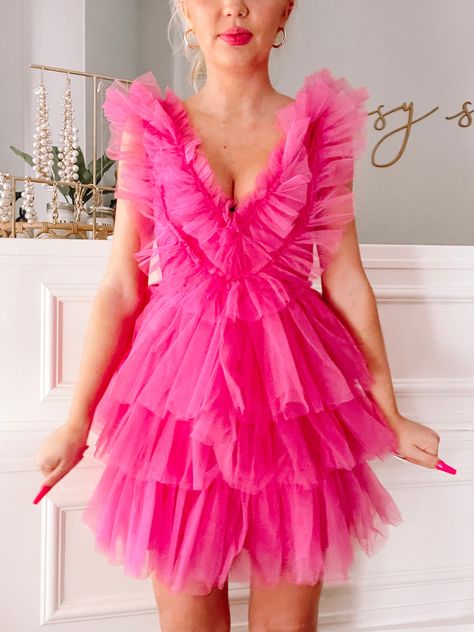 Tulle Good to Be True Tulle Dress | sassyshortcake.com | Sassy Shortcake Bright Pink Cocktail Dress, Pom Pom Dress Women, Hot Pink Tulle Dress Short, Pink Tulle Outfit, Pink Tulle Homecoming Dress, Pink Tulle Mini Dress, Pink Dress Ruffles, Hot Pink Short Dress Formal, Hot Pink Fluffy Dress