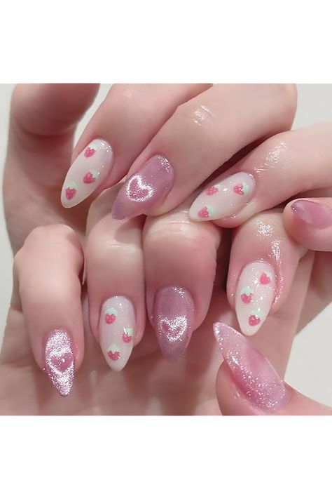 Cat Eye Press on Nails Medium Almond Fake Nails Glitter False Nails With Strawberry Heart Designs Full Cover Stick on Nails Acrylic Artificial Nails for Women Glue on Nails 24Pcs Cute Strawberry Nail Designs, Heart Cat Eye Nails, Almond Cat Eye Nails, Strawberry Nails Acrylic, Strawberry Nail Designs, Heart Cat Eye, Strawberry Nail, Strawberry Nails, Nails Medium Almond