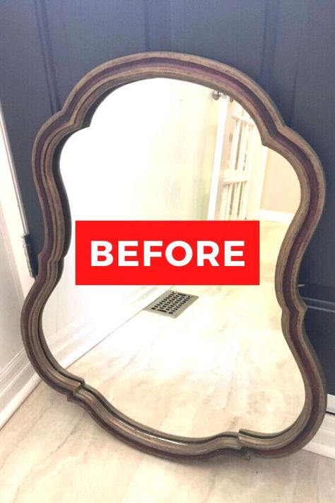 Check out this vintage mirror update on a budget. This easy mirror upgrade will make you want to run to your local thrift store or flea market and pick one up. This painted furniture flip idea is quick and cheap and perfect for your living room, bedroom or entryway so check out the before and after photos. #hometalk Mirror Flip Ideas, Old Mirror Makeover, Creative Mirror Frame Ideas, Refurbished Mirror, Mirror Makeover Diy, Thrift Store Makeover Ideas, Mirror Redo, Mirror Upgrade, Bar Stool Makeover