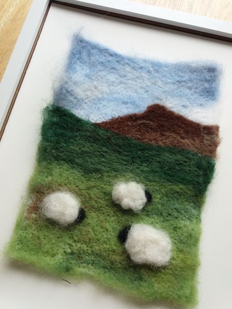 Needle Felted landscape Felting Landscapes Inspiration, Needle Felt On Canvas, Landscape Felt Art, Needle Felted Landscapes Inspiration, Landscape Needle Felting, Felt Landscape Art, 2d Felting Ideas, Needle Felting On Canvas, Needle Felting Flat