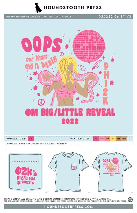 #sorority #fraternity #greeklife #phimu #OM #phi2k #y2k #biglittlereveal #brittanyspears #customdesign #lovethelab // Houndstooth Press Custom Apparel Diy Sorority Shirts, Sorority Tshirt Designs Ideas, Phi Mu Shirts, Sorority Tshirt Designs, Sorority Clothing, Sorority Shirt Designs, Sorority Events, Event Shirts, Sigma Alpha