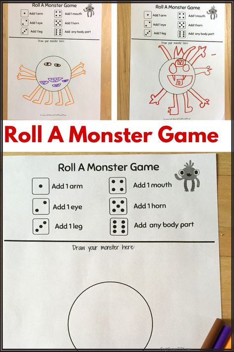 Free printable roll a monster game. Monster Dice Drawing, Draw A Monster Dice Game, Make A Monster Dice Game, Monster Making Activity, Kinder Enrichment Activities, Easy School Age Activities, Roll A Monster Game, Math Activities For School Age, School Age Games Daycare