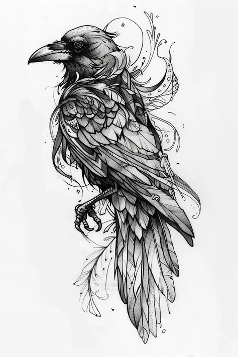 Meaning Of Raven Tattoo | 90+ Raven Tattoo Design Ideas – Flash Your Tat Raven Reading A Book, Crow Dream Catcher Tattoo, Nordic Tattoo Raven, Crow Or Raven Tattoo, Flock Of Ravens Tattoo, Floral Crow Tattoo, Birds Of Prey Tattoos Women, Feminine Raven Tattoo Beautiful, Female Raven Tattoo