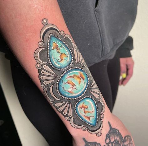 Leather Tattoo Ideas, Western Bracelet Tattoo, Turquoise Tattoo Ideas, Leather Design Tattoo, Turquoise Bracelet Tattoo, Turquoise Tattoo Stone, Southwest Tattoo Design, Turquoise Jewelry Tattoo, Turquoise Stone Tattoo