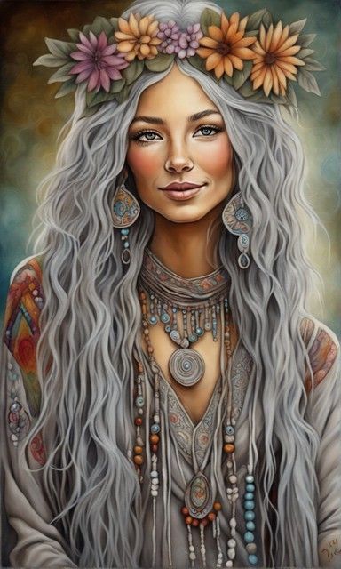 Grey haired hippy woman. Peace Sign Art Hippie, Arte Hippy, Pintura Hippie, Mundo Hippie, Hippie Posters, Witch Pictures, Peace Sign Art, Be Serious, Hippie Chick