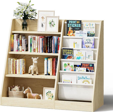 This space-saving kids book rack with storage sling pockets displays books with covers facing forward for easy identification by your little one. Use shelves to display toys and decorations. Perfect for your playroom! Toddler Bookcase, Kids Room Bookshelves, Book Display Shelf, Nursery Classroom, Room Bookshelf, Wooden Bookshelf, Organizer Cabinet, Nursery Bookshelf, Playroom Bedroom