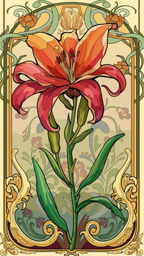 Gold Frame Tattoo, Art Nouveau Flowers Illustration, Mucha Tattoo, Fiori Art Deco, Fleurs Art Nouveau, Motifs Art Nouveau, Alphonse Mucha Art, Art Nouveau Illustration, Art Nouveau Flowers