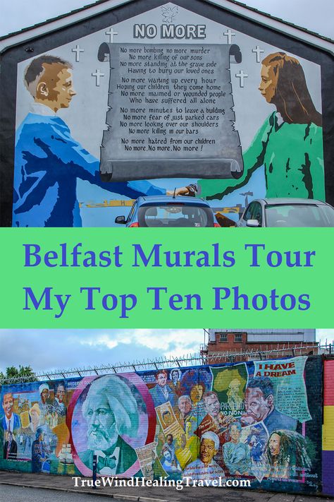 Belfast is home to some of the most famous political murals in the world.  This colorful street art depicts the historical conflicts between Northern Ireland and Republic of Ireland.  Here are the top 10 photos from my tour. #belfastmurals #belfast #murals #streetart #ireland #northernireland #peacewall #belfastpeacewalls #peace Belfast Peace Wall, Belfast Murals, Belfast Ireland, Blarney Stone, United Kingdom Travel, Murals Street Art, Republic Of Ireland, Ireland Scotland, Solo Female Travel