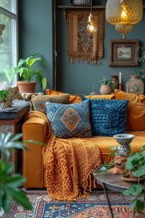 Pnw Home Aesthetic, Living Room Color Palette Ideas, Granny Chic Living Room, Living Room Boho Modern, Ochre Living Room, Cozy Colorful Living Room, Mid Century Modern Boho Living Room, Living Room With Color, Mid Century Boho Living Room