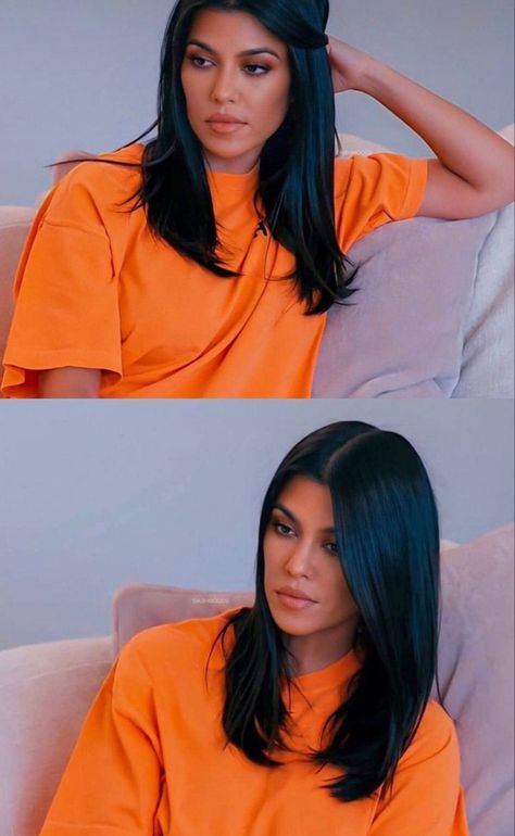 Mid Style Haircut, Kourtney Kardashian Medium Length Hair, Kourtney Kardashian Hair Long, Haircuts That Make Your Face Thinner, Dark Hair Medium Length, Kourtney Kardashian Hairstyles, Straight Haircut With Layers, Katy Hearn Hair, Kourtney Kardashian Short Hair