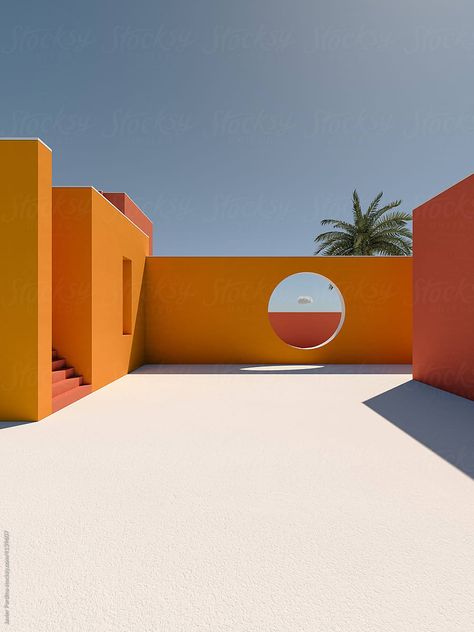 Post Modernism Architecture, Orange Building Aesthetic, Liminal Architecture, Terracotta Architecture, Orange Interiors, Orange Building, Orange Architecture, Still Life Modern, Sunset Architecture