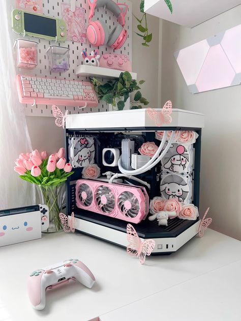 Gaming Room Pink, White Pc Setup, Gaming Setup Bedroom, Pink Pc, Pc Games Setup, Setup Pc, Games Room Inspiration, Gaming Desk Setup, Girl Gamer