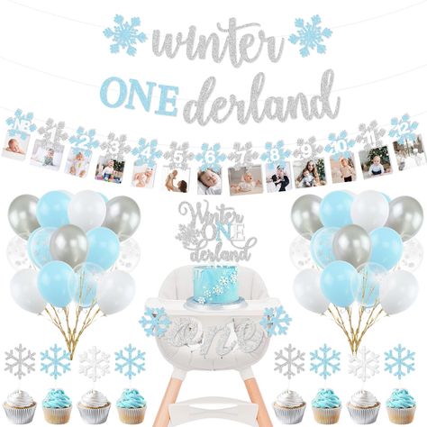 PRICES MAY VARY. ❄All in One Boy Winter 1st Birthday Party Decoration Set - You will get: 1 * Pre-Strung Winter ONEderland Banner, 1 * Snowflake Monthly Photo Banner, 1* Snowflake Highchair Banner, 1 * Winter ONEderland Cake Topper, 12 * Blue White Silver Snowflake Cupcake Toppers, 28pcs 10" silver white blue and clear snowflake latex balloons(each with 7Pcs). ❄Blue Silver Winter Onederland Birthday Decorations Set - This winter ONEderland birthday decoration package in silver and blue is such a Birthday, 1st Birthday Boy Decorations, 1st Birthday Boy, Highchair Banner, Photo Banner, Birthday Boy, Birthday Decorations, 1st Birthday, Balloons