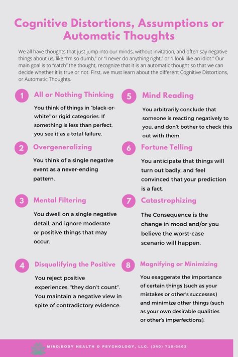 We all have thoughts that jump into our minds without invitation.  In effecting positive behavior change, we first need to recognize the automatic thought that contributes to our actions.  This is a list of cognitive distortions to assist in your "catching" the thoughts.  #mindbodyvi Cbt Therapy, Dbt Skills, Cognitive Therapy, Dialectical Behavior Therapy, Cognitive Behavior, Mental Health Therapy, Mental Health Counseling, Therapy Counseling, Counseling Resources