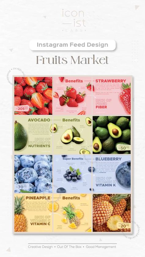 Fruit Instagram Feed, Fruit Social Media Design, Healthy Color Palette, Instagram Feeds Design, Instagram Feed Theme Layout, Instagram Feed Design, Instagram Feed Layout, Juice Branding, Instagram Theme Feed