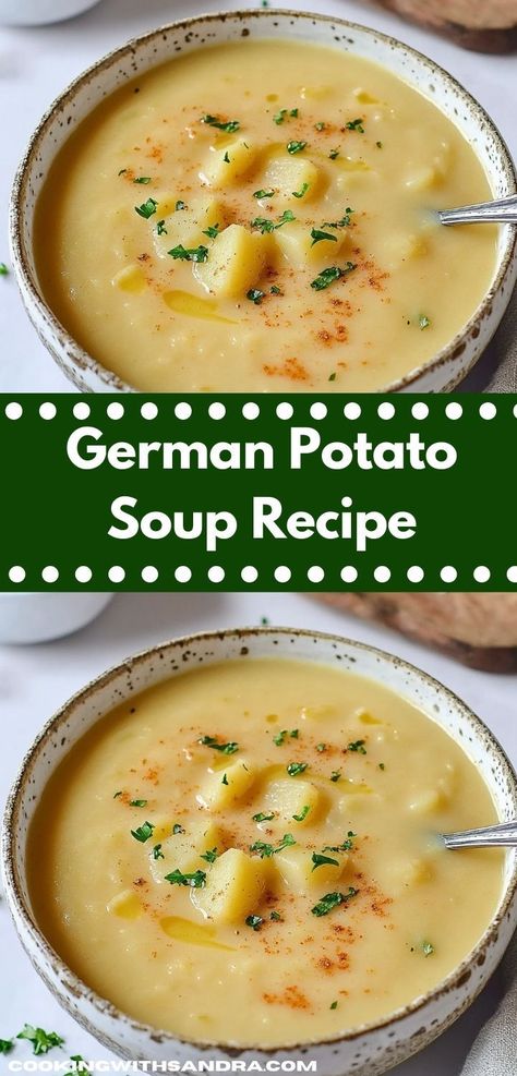 Need a family-friendly recipe? Discover the delightful taste of German Potato Soup! Packed with wholesome ingredients, this easy soup recipe is a nutritious option that will please even the pickiest eaters at your table. Potato Soup With Bacon, German Potato Soup, Soup With Bacon, Potato Bacon Soup, German Potato, German Potatoes, Potato Vegetable, Potato Soup Recipe, Comfort Dishes