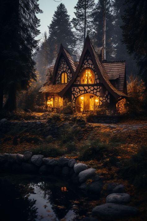 fall aesthetic Forest Cottage Aesthetic, Witch Cottage Aesthetic, Witchy Houses, Environment Thumbnails, Witch Houses, Fantasy Cabin, Aesthetic Cabin, Witch Cabin, Fall Cabin