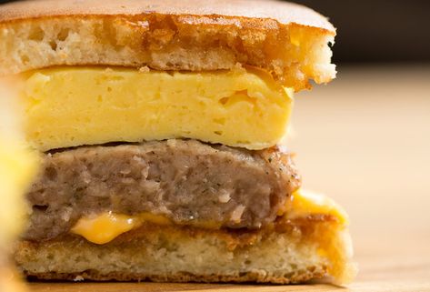 McGriddle -- Thrillist Recipes Mcgriddle Recipe, Homemade Mcgriddle, Sausage Sandwich Recipes, Sausage Sandwich, Homemade Strawberry Lemonade, Sausage Sandwiches, Breakfast Sandwiches, Sandwich Recipe, Wrap Sandwiches