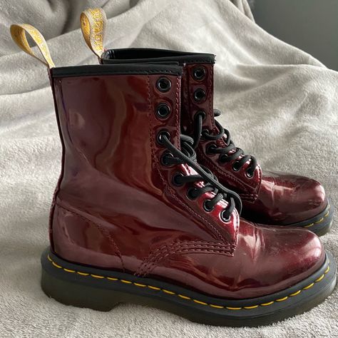 Vegan 1460 Lace Up Dr Martens. Worn 1 Time. Basically Brand New, Grey Condition. Color Is Cherry Red. Size Is Usl 6. Chunky Red Boots, Cherry Red Fashion, Cherry Red Doc Martens, Red Docs, Dark Red Shoes, Cherry Red Boots, Dark Red Boots, Cherry Red Dr Martens, Red Mary Jane Shoes