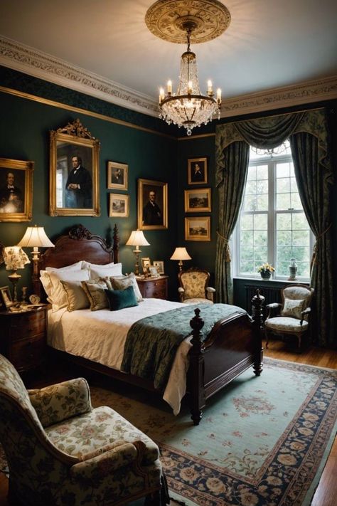 Bohemian Victorian Bedroom, Victorian Home Inspiration, Victorian Master Bed, Victorian Inspired Interior Design, Old Victorian Bedroom Aesthetic, Dark Victorian Aesthetic Bedroom, Victorian Guest Bedroom, Victorian Interior Design Bedroom, Victorian Hotel Room