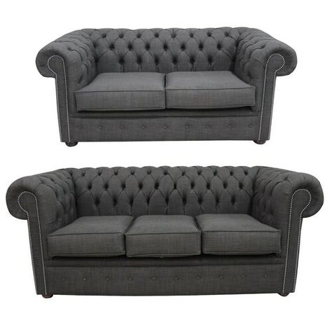 Mika Chesterfield 2 Piece Sofa Set Marlow Home Co. Chesterfield Sofa Living Room, Sofa Cloth, Dining Room Colour Schemes, Chesterfield Furniture, Velvet Sofa Living Room, Grey Sofa Living Room, Two Seater Couch, Grey Fabric Sofa, Dining Sofa