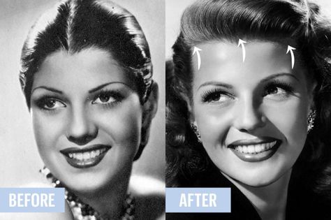 Rita Hayworth Before And After, Classic Beauty Icons, Rita Hayworth Hair, Marilyn Monroe Plastic Surgery, Old Hollywood Beauty, 50s Beauty, Old Hollywood Makeup, Extreme Plastic Surgery, Old Hollywood Hair