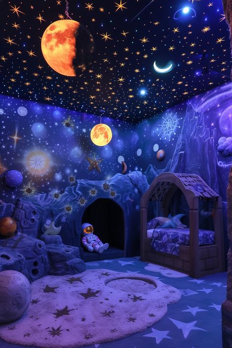 Kids Bedroom Space, Outer Space Bedroom, Castle Mural, Kids Playroom Ideas, Space Kids Room, Galaxy Room, Dark Ceiling, Play Zone, Space Themed Bedroom